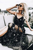 Sparkly Black Spaghetti Straps A Line Star Long Prom Dress HZ0509