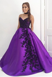 Ball Gown Seetheart Black Lace Appliques Satin Purple Prom Dresses with Pockets HZ0509