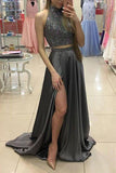 Two Pieces Beading Gray High Slit Chiffon High Neck Prom Dress 2025 HZ0509