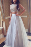 Beaded Two Pieces Modest Long Tulle Party Prom Dresses HZ0509