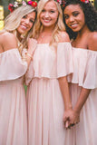 Pink Off the Shoulder Pink Ruffles Long Bridesmaid Dresses HZ0509