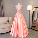 Pink A Line Cap Sleeves Appliques Beaded Long Prom Dresses HZ0509