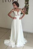 White Chiffon Wedding Dresses with Appliques, Sweep Train A Line Wedding Dress HZ0509