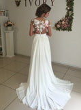 White Chiffon Wedding Dresses with Appliques, Sweep Train A Line Wedding Dress HZ0509