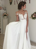 White Chiffon Wedding Dresses with Appliques, Sweep Train A Line Wedding Dress HZ0509