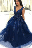 V Neck Navy Blue Lace Appliques Long Prom Dresses, Elegant Evening Dresses HZ0509