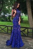 Royal Blue Lace Beaded Long Mermaid Backless Prom Dresses Evening Dresses HZ0509