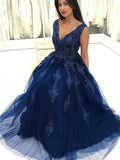 V Neck Navy Blue Lace Appliques Long Prom Dresses, Elegant Evening Dresses HZ0509