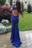 Royal Blue Lace Beaded Long Mermaid Backless Prom Dresses Evening Dresses HZ0509