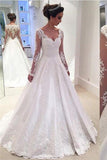 Sleeves Lace A-line High Low Long White V-neck Wedding Dresses HZ0509