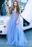 A Line Spaghetti Straps Sky Blue Tulle Long Prom Dress With Appliques HZ0509