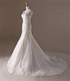 V-neck Long Lace Sweep Train Lace Up Modest Wedding Dresses HZ0509
