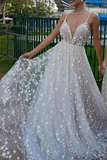 Unique Off White Star Tulle V Neck Long Prom Dress HZ0509