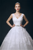 V-neck White Lace Ball Gown Wedding Dresses With Beaded Belt HZ0509