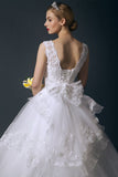 V-neck White Lace Ball Gown Wedding Dresses With Beaded Belt HZ0509