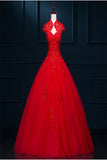 Red Modest Lace Long Puffy Short Sleeves Wedding Dresses HZ0509