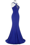 Blue Open Back Long Mermaid Beaded Sexy Prom Dresses HZ0509