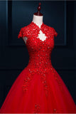 Red Modest Lace Long Puffy Short Sleeves Wedding Dresses HZ0509