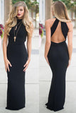 Sexy Long Black Open Back High Neck Sheath Prom Dresses HZ0509