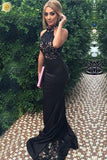 Neckline Black Lace Mermaid Long Sweep Train Prom Dresses HZ0509