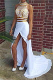 Pieces White Beaded Chiffon Front Split High Neckline Prom Dresses HZ0509