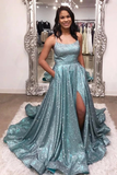 Sparkly Spaghetti Straps A-Line Long Slit Prom Dress with Pockets HZ0509