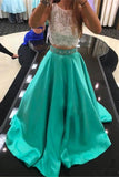 Pieces Lace Beading Satin Long Handmade Simple Green Prom Dresses HZ0509