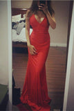 Red V-neck Simple Cheap Mermaid Long Charming Prom Dresses HZ0509