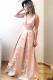 A Line Deep V Neck Long Satin Formal Evening Prom Dress With Lace HZ0509