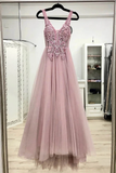Pink V Neck Tulle Lace Appliques Long Prom Dresses Evening Dress HZ0509