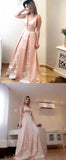 A Line Deep V Neck Long Satin Formal Evening Prom Dress With Lace HZ0509