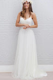Spaghetti Straps Tulle V-neck Bakcless Sweep Train Beach/Coast Wedding Dress HZ0509