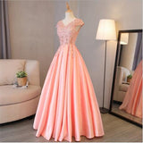 Pink A Line Cap Sleeves Appliques Beaded Long Prom Dresses HZ0509