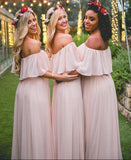 Pink Off the Shoulder Pink Ruffles Long Bridesmaid Dresses HZ0509