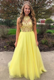 Yellow A Line Tulle Lace Top Long Sleeveless Prom Dresses Evening Dress HZ0509