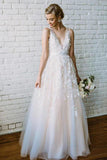 Lace Applique A Line V Neck Tulle Beach Wedding Dress HZ0509