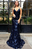 Spaghetti Straps Lace Backless Navy Blue Prom Dress HZ0509
