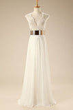 V Neck Cap Sleeves White Chiffon Gold Belt Summer Beach Wedding Dress HZ0509