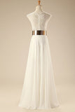 V Neck Cap Sleeves White Chiffon Gold Belt Summer Beach Wedding Dress HZ0509