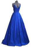 Royal Blue V-neck Cheap Open Back A-line Prom Dresses HZ0509