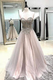 Line Long Spaghetti Straps Sweetheart Beading Tulle Prom Dress HZ0509