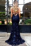 Spaghetti Straps Lace Backless Navy Blue Prom Dress HZ0509