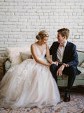 Lace Applique A Line V Neck Tulle Beach Wedding Dress HZ0509