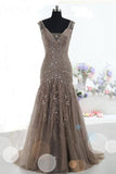 Long Mermaid V-neck Beading Beauty Prom Dresses With Flower Type HZ0509