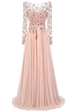 Sleeves Lace Pink Chiffon A-line Beading Open Back Prom Dresses HZ0509