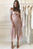 A-Line Short Sleeves Asymmetry Pink Lace Prom Dress HZ0509