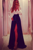 Long Sleeves Royal Blue Chiffon Lace Elegant Prom Dresses HZ0509