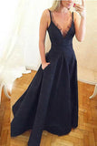 A-Line Spaghetti Straps V Neck Satin Navy Blue Prom Dress With Pocket HZ0509