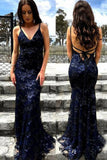 Spaghetti Straps Lace Backless Navy Blue Prom Dress HZ0509
