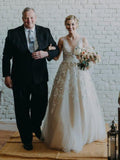 Lace Applique A Line V Neck Tulle Beach Wedding Dress HZ0509